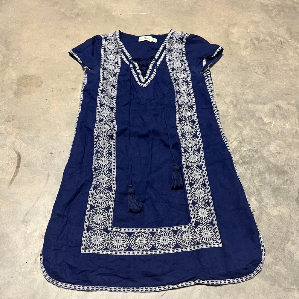 Vineyard Vines Navy Blue Embroidered Linen Cotton Tassel Shift Dress 2Q1052 Sz 2